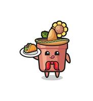 sunflower pot Mexican chef mascot holding a taco vector