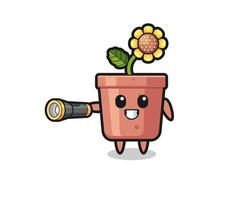 sunflower pot mascot holding flashlight vector