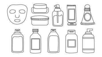 un conjunto de botellas y tubos de cosméticos, tarros para el cuidado de la piel con crema facial, capilar y corporal. estilo de moda para postal, pancarta, plantilla de papel de regalo. trazo editable de ilustración vectorial. vector