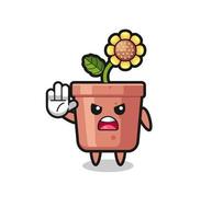 sunflower pot character doing stop gesture vector