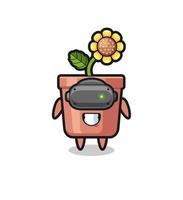 cute sunflower pot using VR headset vector