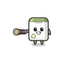 trash can mascot holding flashlight vector