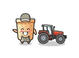 the waffle cone farmer mascot standing beside a tractor vector