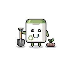 cute trash can cartoon is planting a tree seed vector