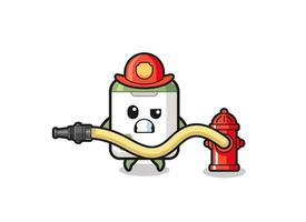 trash can cartoon as firefighter mascot with water hose vector