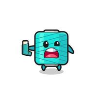 yarn spool mascot having asthma while holding the inhaler vector