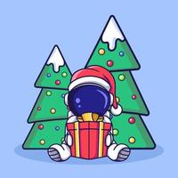 lindo personaje astronauta sentado con caja de regalo y árbol de navidad. estilo de dibujos animados plana vector