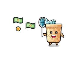 illustration of the waffle cone catching flying money vector