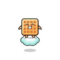 cute waffle illustration riding a floating cloud vector