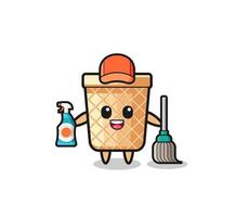 lindo personaje de cono de gofre como mascota de los servicios de limpieza vector