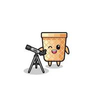 waffle cone astronomer mascot with a modern telescope vector