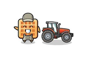 the waffle farmer mascot standing beside a tractor vector