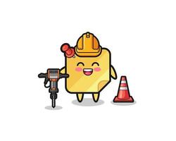 road worker mascot of sticky notes holding drill machine vector