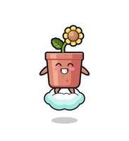 cute sunflower pot illustration riding a floating cloud vector