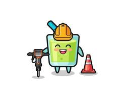 mascota del trabajador de la carretera de jugo de melón con máquina perforadora vector