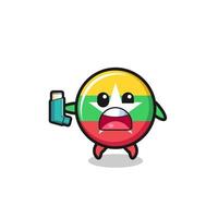 myanmar flag mascot having asthma while holding the inhaler vector