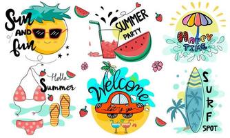 A collection of colorful hand lettering and summer illustrations vector