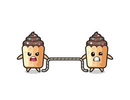 cute cupcake character is playing tug of war game vector