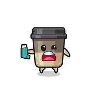 coffee cup mascot having asthma while holding the inhaler vector