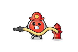 emergency panic button cartoon as firefighter mascot with water hose vector