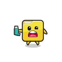 folder mascot having asthma while holding the inhaler vector