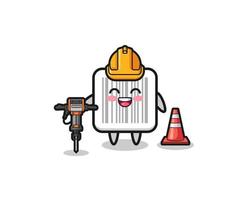 road worker mascot of barcode holding drill machine vector