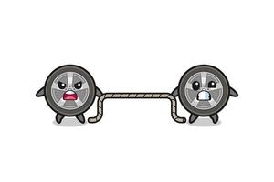 cute car wheel character is playing tug of war game vector