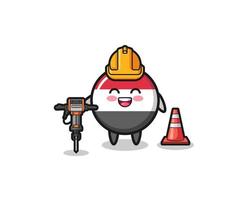 road worker mascot of yemen flag holding drill machine vector