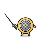 round cheese earth cartoon as fencer mascot vector