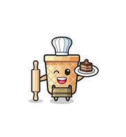 waffle cone as pastry chef mascot hold rolling pin vector