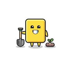 linda caricatura de tarjeta amarilla está plantando una semilla de árbol vector