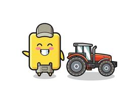 la mascota del granjero de tarjeta amarilla de pie junto a un tractor vector