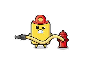 yellow card cartoon as firefighter mascot with water hose vector