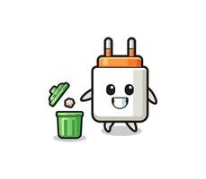 illustration of the power adapter throwing garbage in the trash can vector