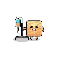cute raw instant noodle character standing with infusion pole vector