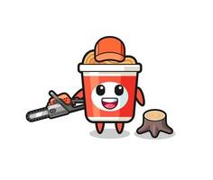 instant noodle lumberjack character holding a chainsaw vector