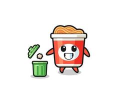 illustration of the instant noodle throwing garbage in the trash can vector