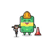 road worker mascot of money holding drill machine vector