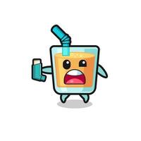 orange juice mascot having asthma while holding the inhaler vector