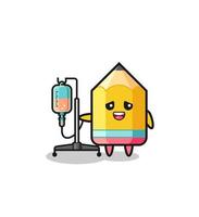 cute pencil character standing with infusion pole vector