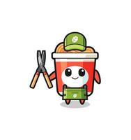 cute instant noodle as gardener mascot vector