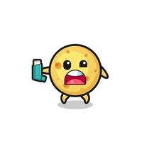 round cheese mascot having asthma while holding the inhaler vector