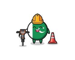 road worker mascot of pakistan flag holding drill machine vector