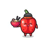 red bell pepper as Chinese chef mascot holding a noodle bowl vector