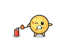 round cheese mascot illustration playing firecracker vector