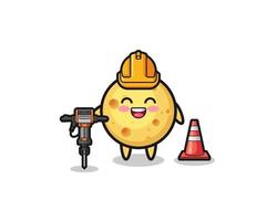 mascota del trabajador de la carretera de queso redondo con máquina perforadora vector