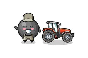 the cannon ball farmer mascot standing beside a tractor vector