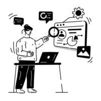 Person monitoring data chart with magnifier, hand drawn illustration of digital testing vector