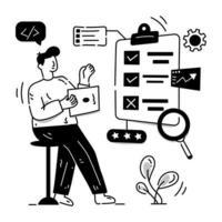 Person monitoring data chart with magnifier, hand drawn illustration of digital testing vector