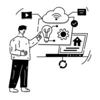 Person monitoring data chart with magnifier, hand drawn illustration of digital testing vector